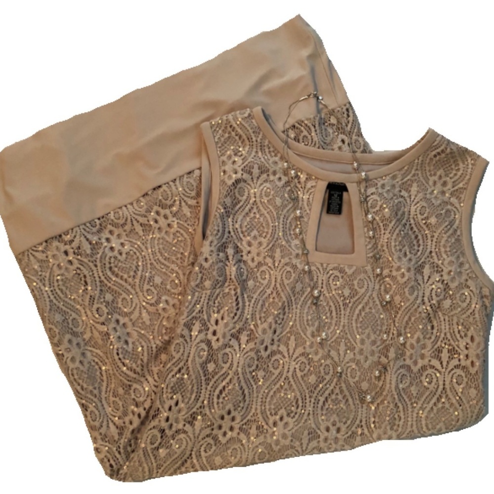 R&M Richards Tan-Colored Lace Overlay Dress